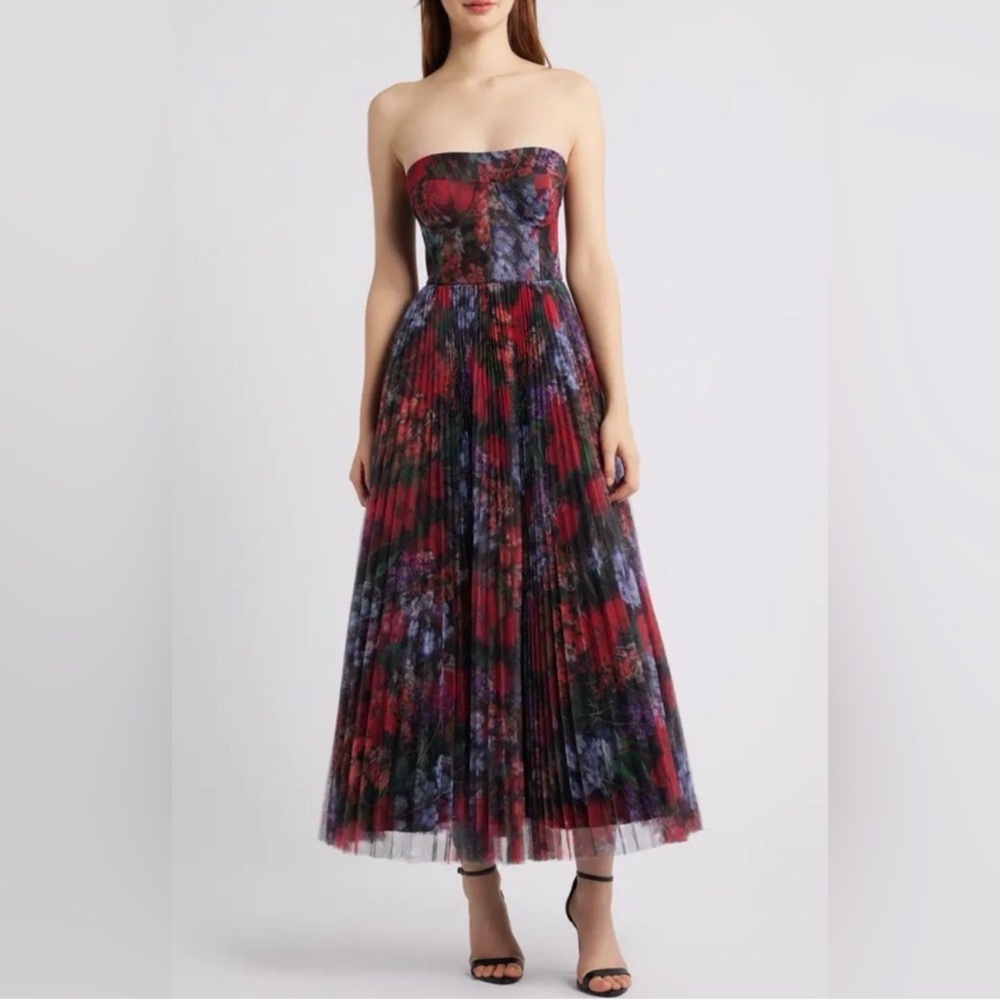 Hutch Strapless Floral Pleated Midi Dress in Red and Purple